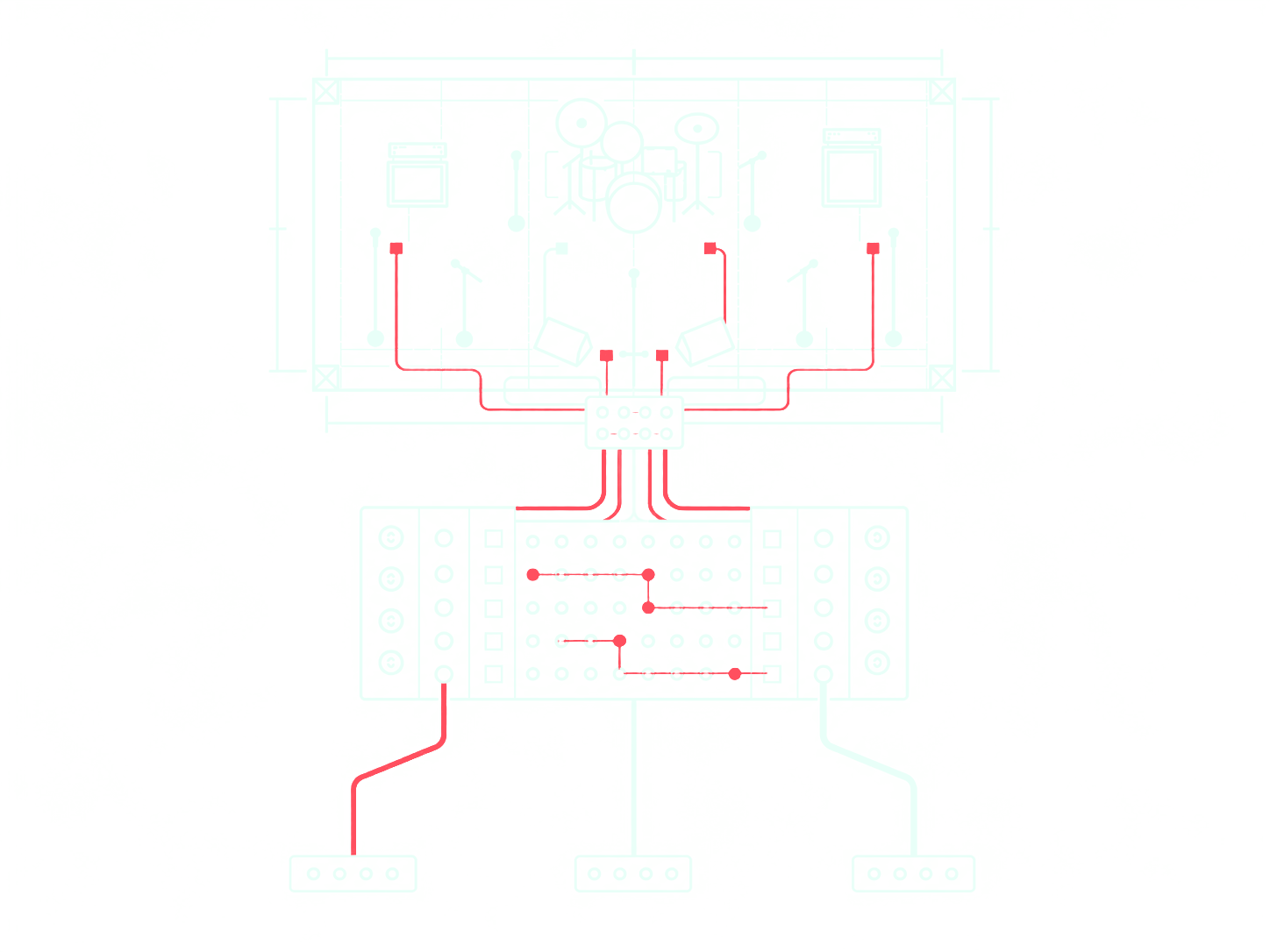 A stage plan routes through a patch matrix to three technical endpoints.